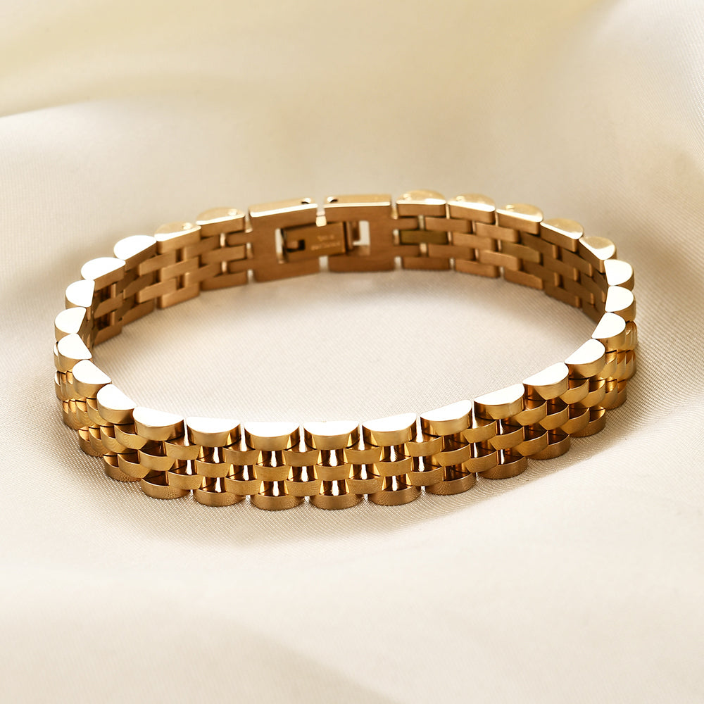 Pulseira minimalista em aço inoxidável chapeado a ouro ou preto, design elegante e versátil.