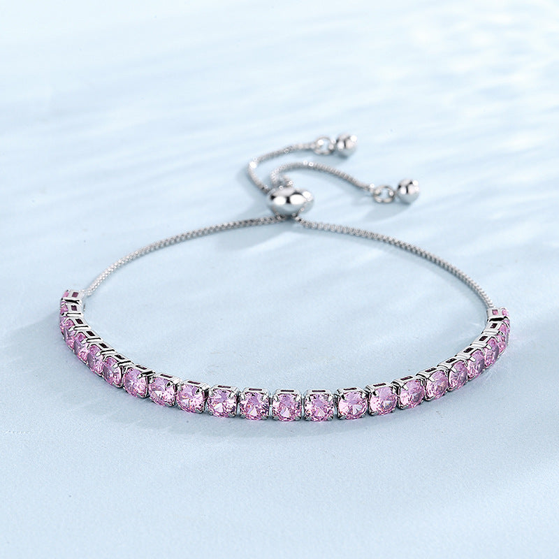 Pulseira de prata esterlina 925 com zircão rosa, ajuste perfeito e brilho sofisticado
