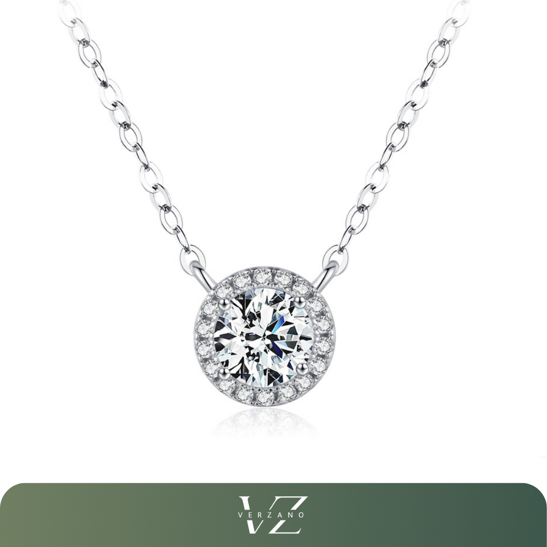 Colar Feminino Halo Verzano® em prata esterlina 925, pingente redondo de 9mm com Moissanite, design clássico e sofisticado, ideal para casamentos e ocasiões especiais.