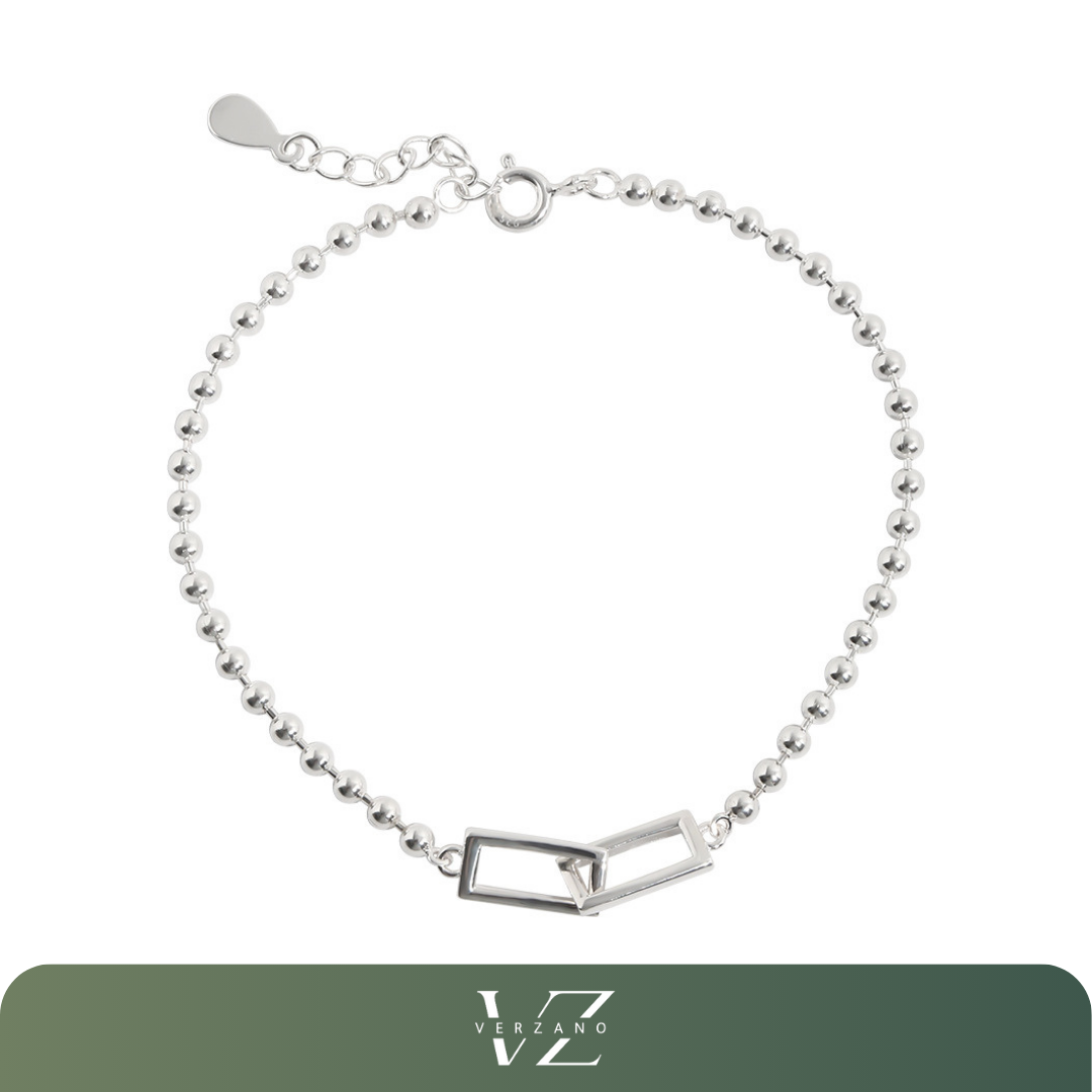 Pulseira geométrica em prata esterlina 925, design quadrado e redondo, elegante e sofisticada, ideal para festas e aniversários.