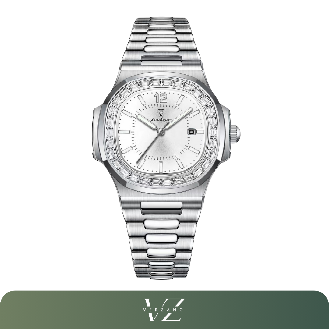 Relógio masculino quadrado Verzano®, aço inoxidável, movimento Quartz, resistente à água, com funções luminosas e calendário completo.