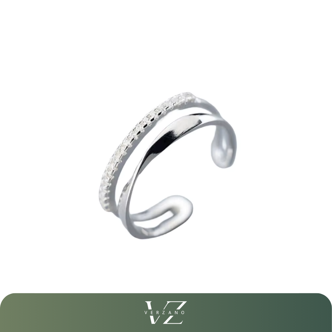 Anel Éloise Verzano® com design vintage de dupla camada, zircão encrustrado, prata esterlina 925.