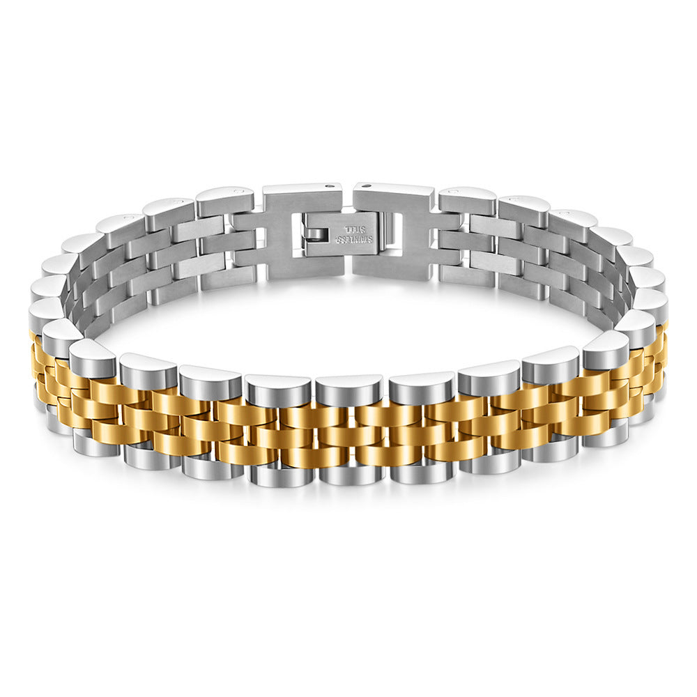 Pulseira minimalista em aço inoxidável chapeado a ouro ou preto, design elegante e versátil.