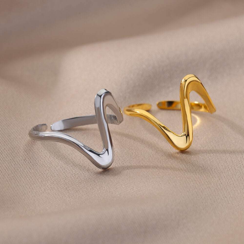 Anel dourado com design de onda geométrica, minimalista, ajustável, aço inoxidável, Verzano®.