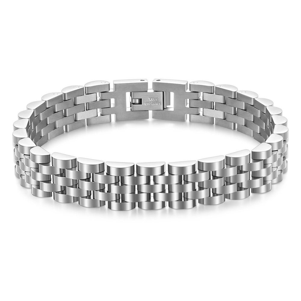 Pulseira minimalista em aço inoxidável chapeado a ouro ou preto, design elegante e versátil.