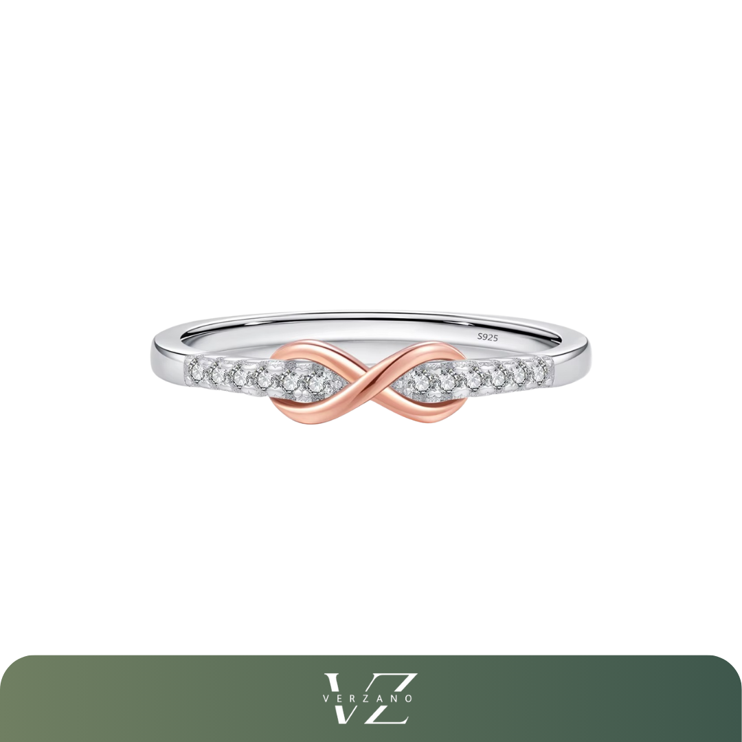 Anel Verzano® em prata 925 com design de infinito, banho em ouro rosa e zircônias brilhantes.