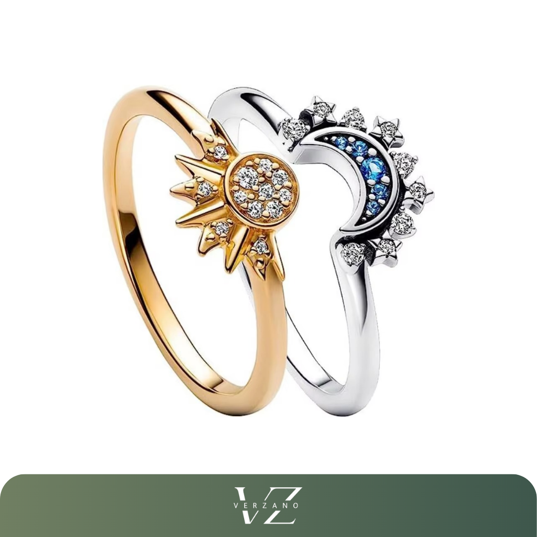 Conjunto de anéis Verzano para casal com design de lua e sol, acabamento cintilante e empilhável, símbolo romântico de conexão eterna e estilo sofisticado.
