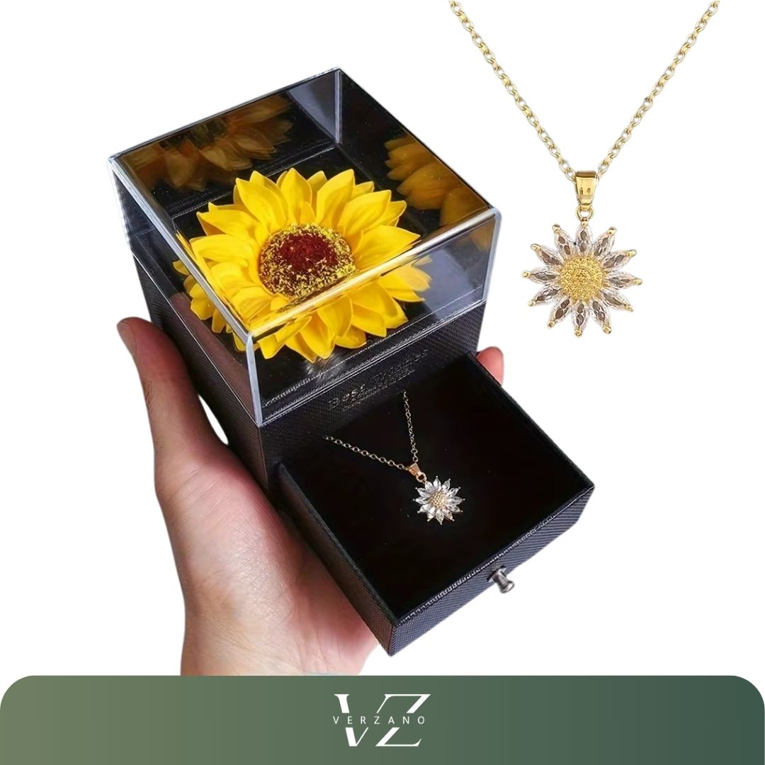 Colar dourado com pingente de girassol cravejado em zircônia, acompanhado de caixa presente com flor decorativa, ideal para presente romântico ou Dia das Mães