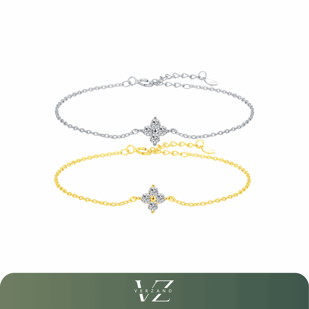 Pulseira Trevo Verzano®, Prata Esterlina 925 banhada a ouro branco, design de trevo de quatro folhas, joia sofisticada e ajustável, acessório elegante para mulheres.