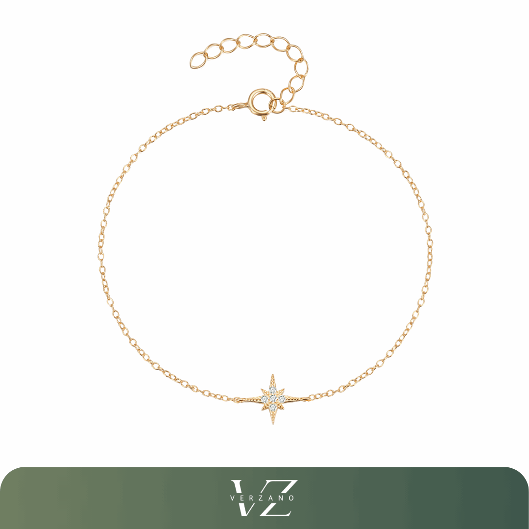 Pulseira Estrela Verzano®, Prata Esterlina 925, estrela de oito pontas com zircão brilhante, joia minimalista e sofisticada, ideal para ocasiões especiais.