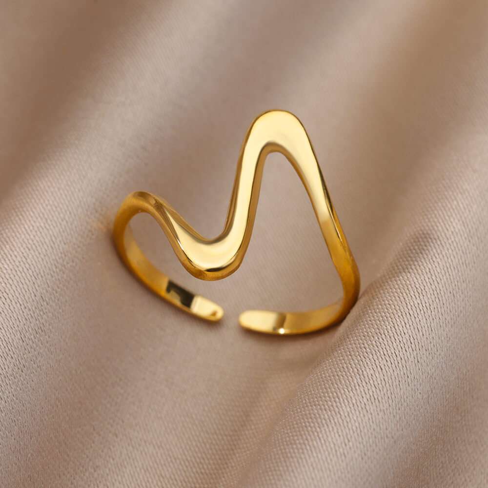 Anel dourado com design de onda geométrica, minimalista, ajustável, aço inoxidável, Verzano®.