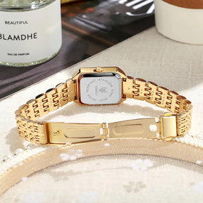 Relógio feminino quadrado Verzano®, aço inoxidável, movimento de quartzo, design minimalista e elegante.