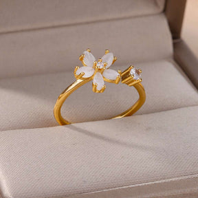 Anel floral ajustável em aço inoxidável dourado com detalhes em zircônia – Verzano®.