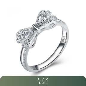 Anel de prata esterlina 925 com design de laço bowknot e zircônia, elegante e romântico, ideal para noivado e casamento.