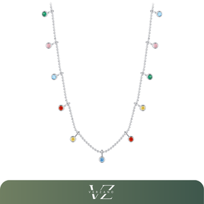 Colar Arco-Íris Verzano® em Prata Esterlina 925 com Pingente Redondo de Zircônias Coloridas, joia sofisticada e vibrante para festas e eventos.
