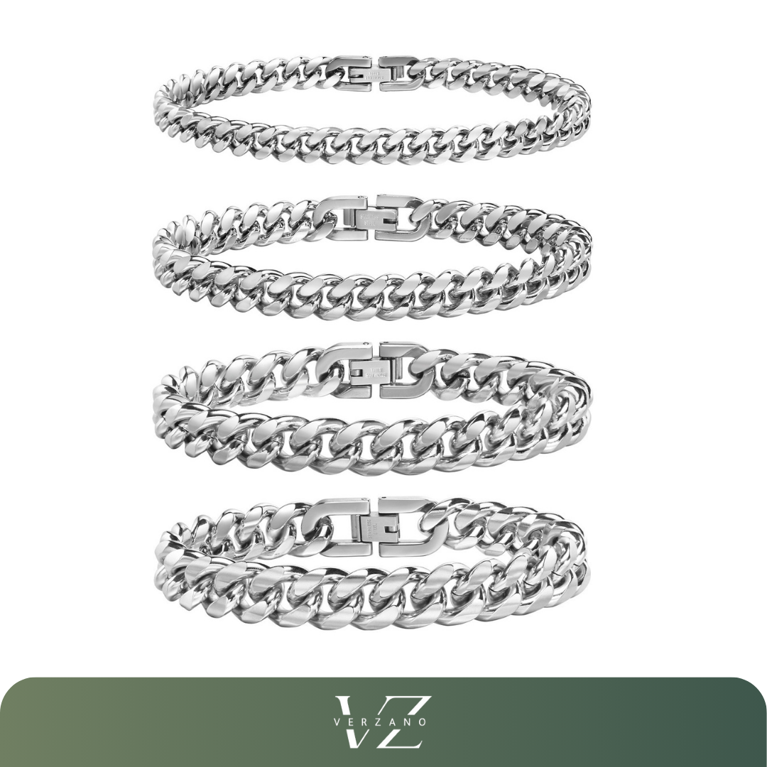 Pulseira corrente cubana em aço inoxidável sólido, largura 6 mm a 12 mm, fecho oculto, design sofisticado.
