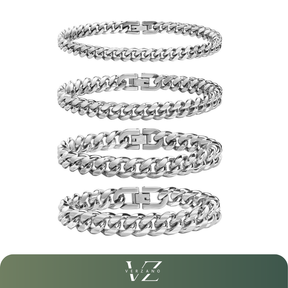Pulseira corrente cubana em aço inoxidável sólido, largura 6 mm a 12 mm, fecho oculto, design sofisticado.