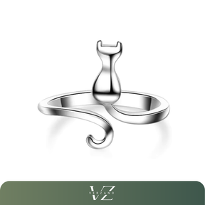 Anel de prata esterlina 925 com design de gato, elegante e luxuoso, perfeito para festas e noivado.