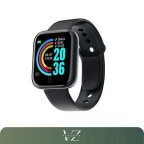 Relógio inteligente smartwatch com monitor de frequência cardíaca, rastreador de atividades, e tela de toque, à prova d'água, ideal para saúde e fitness.