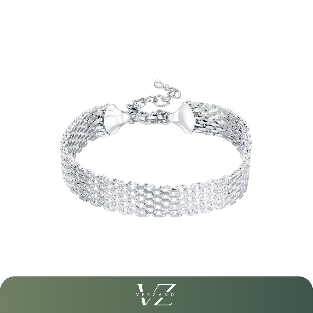 Pulseira Elegância Tecida da Verzano® em prata esterlina 925 com corrente de tecelagem refinada, ideal para mulheres em eventos elegantes.