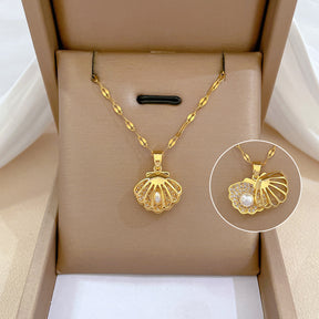 Colar francês com pérola shell, sofisticado e clássico, para mulheres.