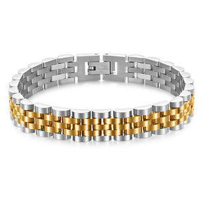 Pulseira minimalista em aço inoxidável chapeado a ouro ou preto, design elegante e versátil.