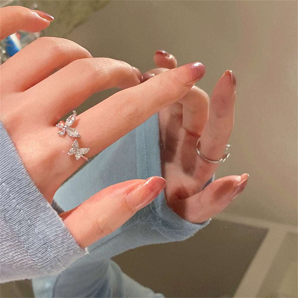 Anel borboleta em cristal acrílico, prateado, delicado, feminino, Verzano®.