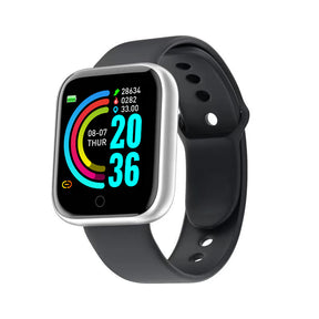 Relógio inteligente smartwatch com monitor de frequência cardíaca, rastreador de atividades, e tela de toque, à prova d'água, ideal para saúde e fitness.