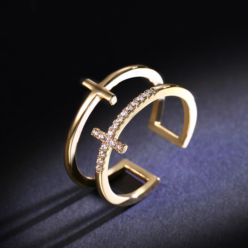 Anel dourado ajustável de camada dupla com zircão brilhante e design geométrico – Verzano®.