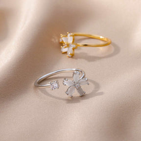Anel floral ajustável em aço inoxidável dourado com detalhes em zircônia – Verzano®.
