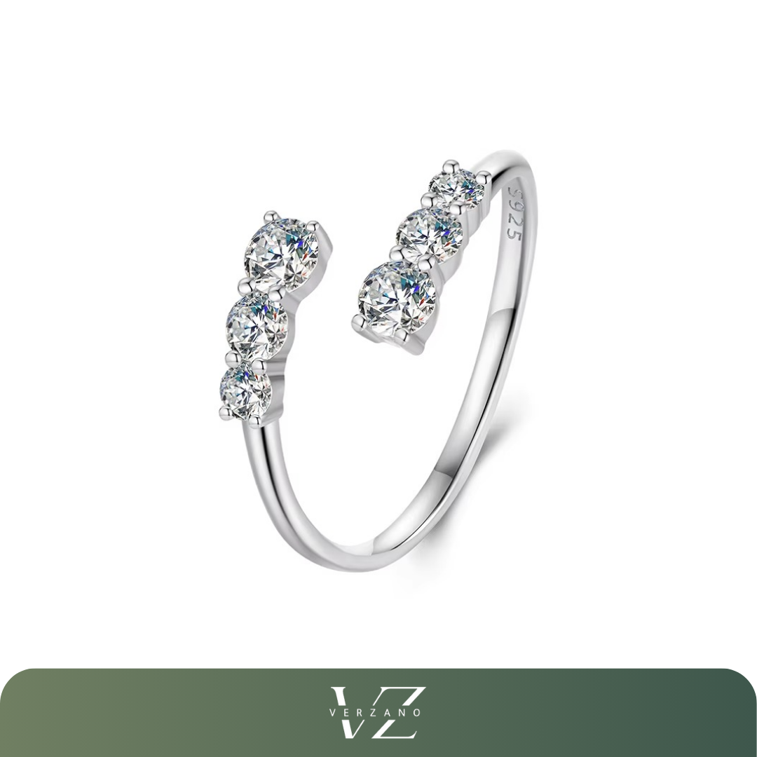 Anel ajustável em Prata Esterlina 925 banhado a ouro com moissanite D Color, design refinado e brilho sofisticado.