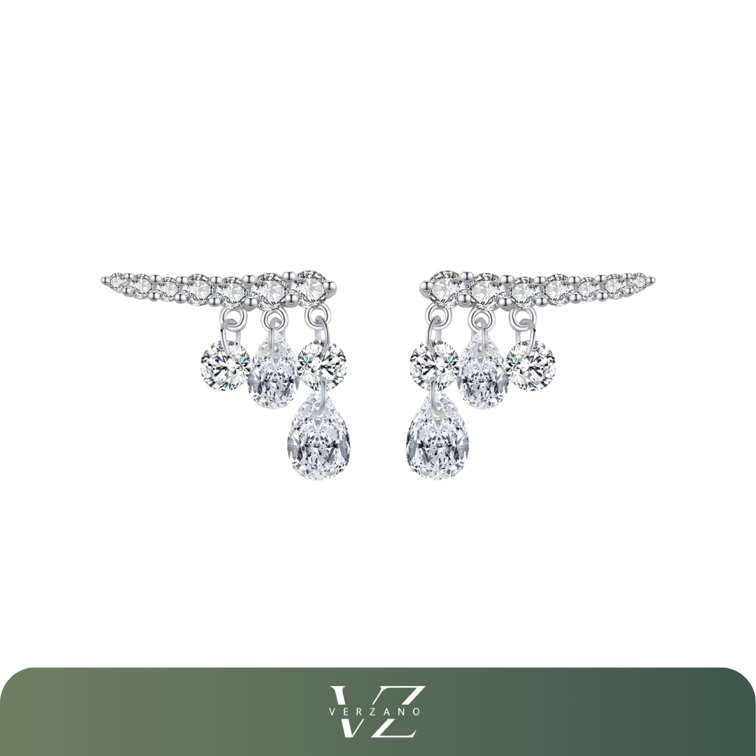 Brincos elegantes em prata 925 com design de gota de água geométrica e zirconia brilhante, ideais para casamentos e ocasiões especiais.