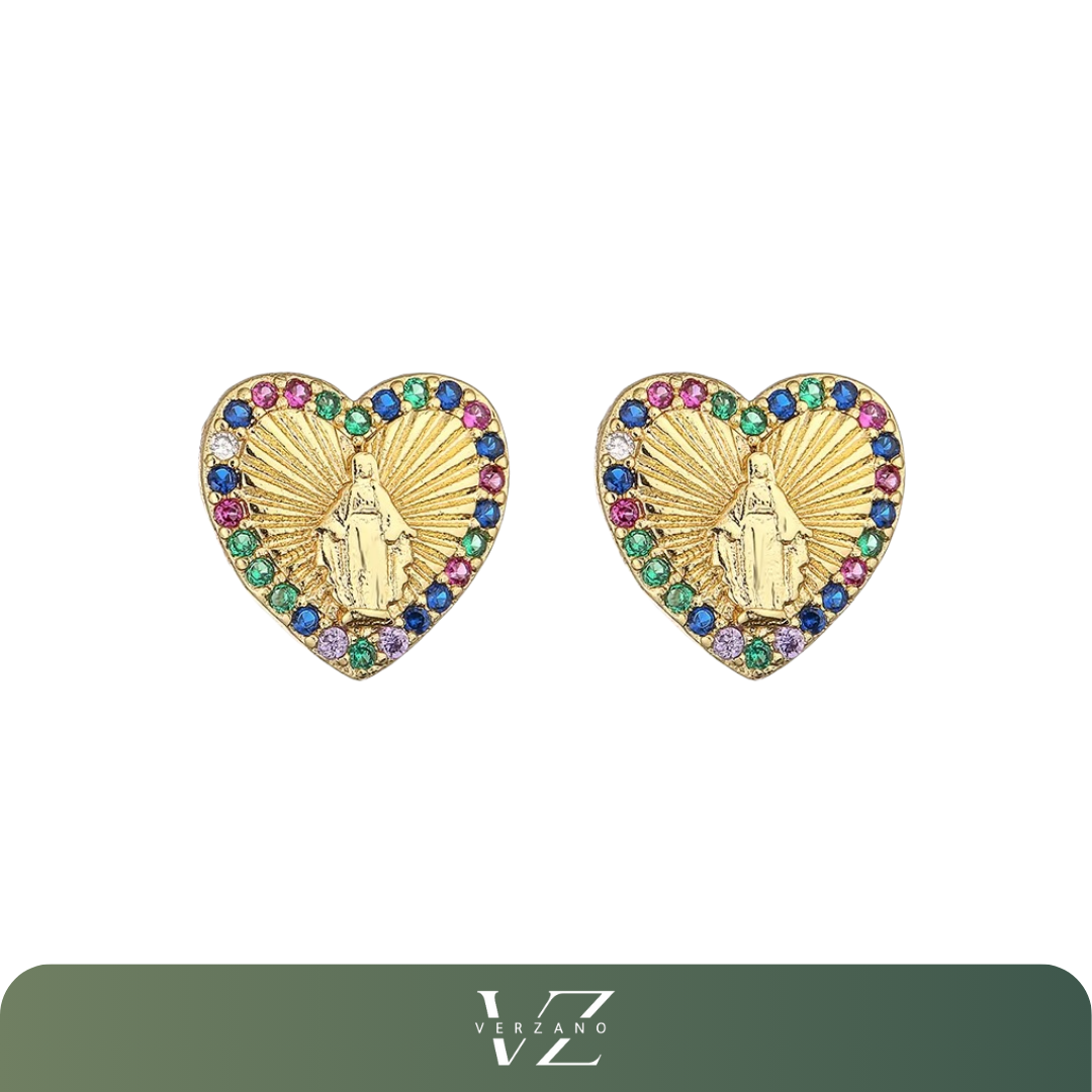 Brincos Verzano® com imagem da Virgem Maria, em aço inoxidável dourado com zircônias CZ, design elegante e espiritual — presentes sofisticados com significado.