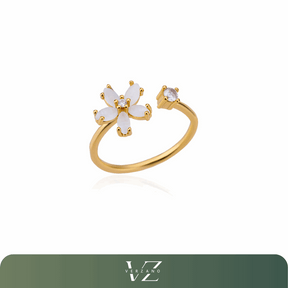 Anel floral ajustável em aço inoxidável dourado com detalhes em zircônia – Verzano®.