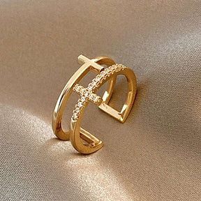 Anel dourado ajustável de camada dupla com zircão brilhante e design geométrico – Verzano®.