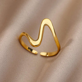 Anel dourado com design de onda geométrica, minimalista, ajustável, aço inoxidável, Verzano®.